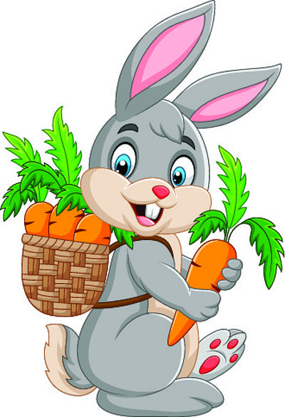 03复活节兔子提着装满胡萝卜的篮子002卡通兔子在草丛中拿着一根胡
