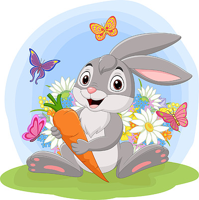 卡通兔子在草丛中拿着一根胡萝卜
