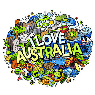 有趣的矢量图稿卡通可爱涂鸦手绘我爱澳大利亚题词