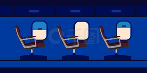 飞机客舱乘客座位图矢量。蓝色旅行飞机卡通内部喷气机与窗口。经济舱沙龙过道内的平椅。飞机旅行之旅。