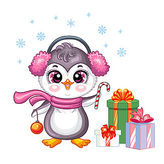 可爱的企鹅戴着圣诞帽，带着礼物和<i>雪</i><i>花</i>。卡通鸟字符。矢量卡通孤立插图。适用于明信片、海报、设计、贺卡、贴纸、装饰、儿童服装。可爱的圣诞企鹅女孩与礼物矢量图