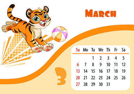 2022 年 3 月农历虎年横向桌面儿童日历设计可爱的运行虎崽角色与球