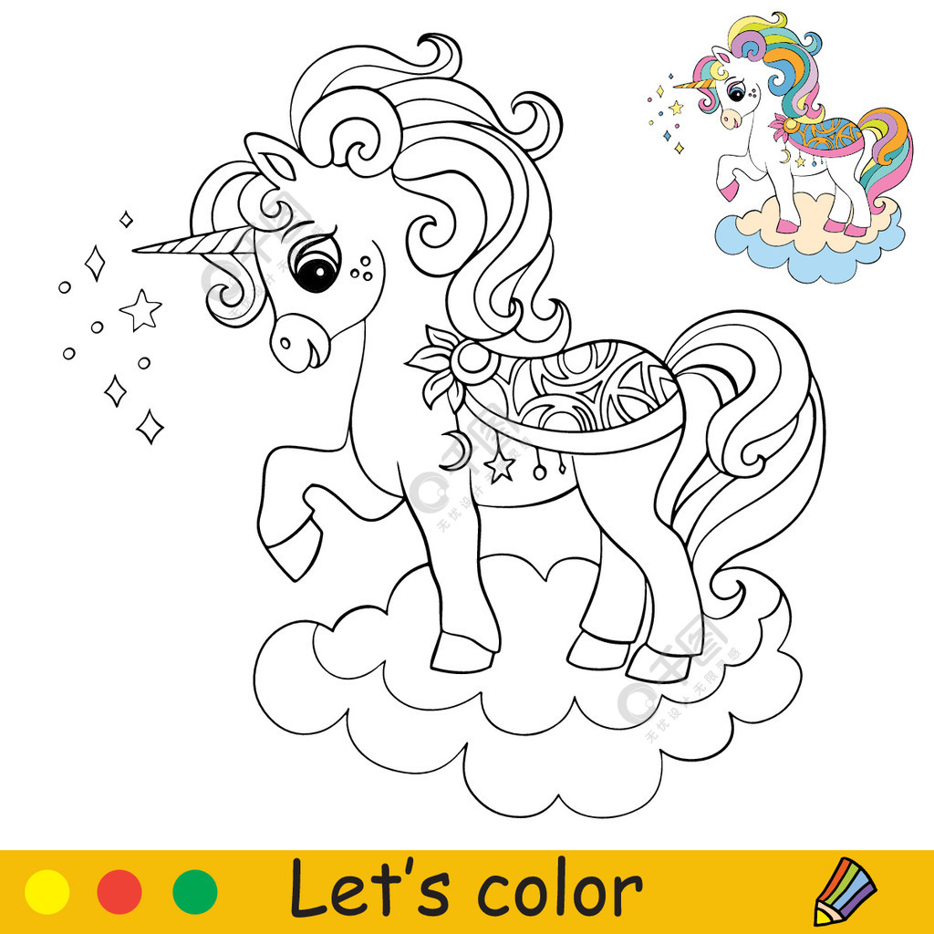 云上可爱的卡通独角兽用彩色模板着色书页矢量卡通孤立插图用于着色书