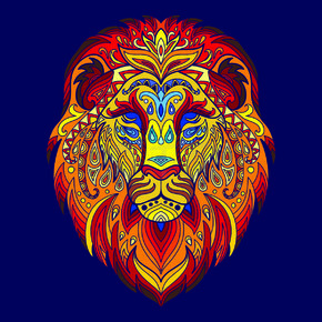 带有涂鸦和 zentangle 元素的狮子头。蓝色背景上孤立的抽象矢量色彩丰富的插画。用于设计、印刷、装饰、纹身、T 恤、拼图、海报、瓷器和贴纸。缠结非洲狮矢量彩色孤立插图蓝色