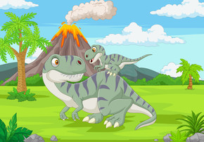 卡通妈妈和小恐龙在丛林中