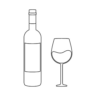 用于葡萄酒品尝概<i>念</i>的简单酒瓶和酒杯在轮廓矢量中