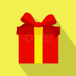 红色平礼物盒图标。黄色背景上的彩色圣诞符号。红色平礼物盒图标