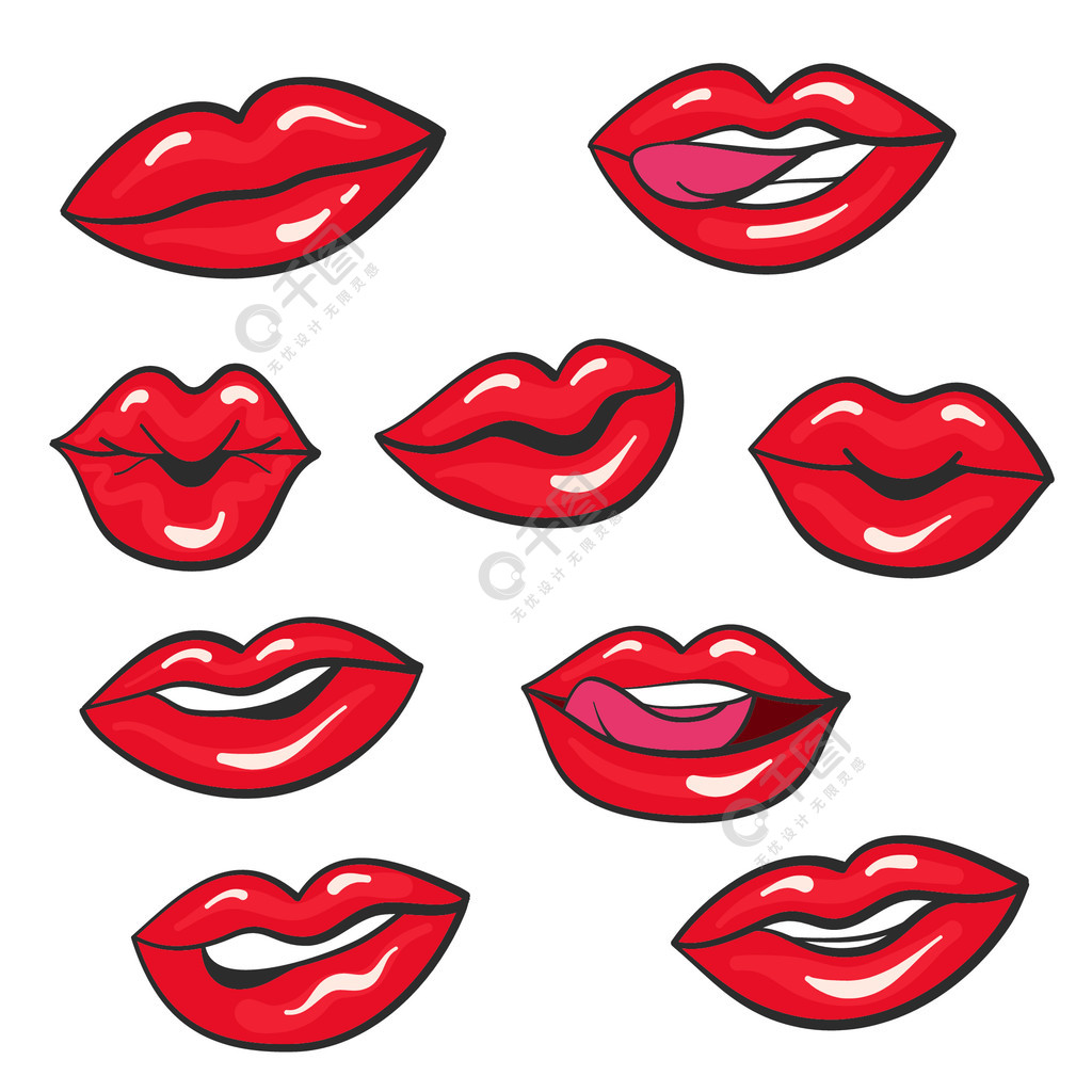红色卡通女性嘴唇,用于白色,股票矢量插图上的设计元素