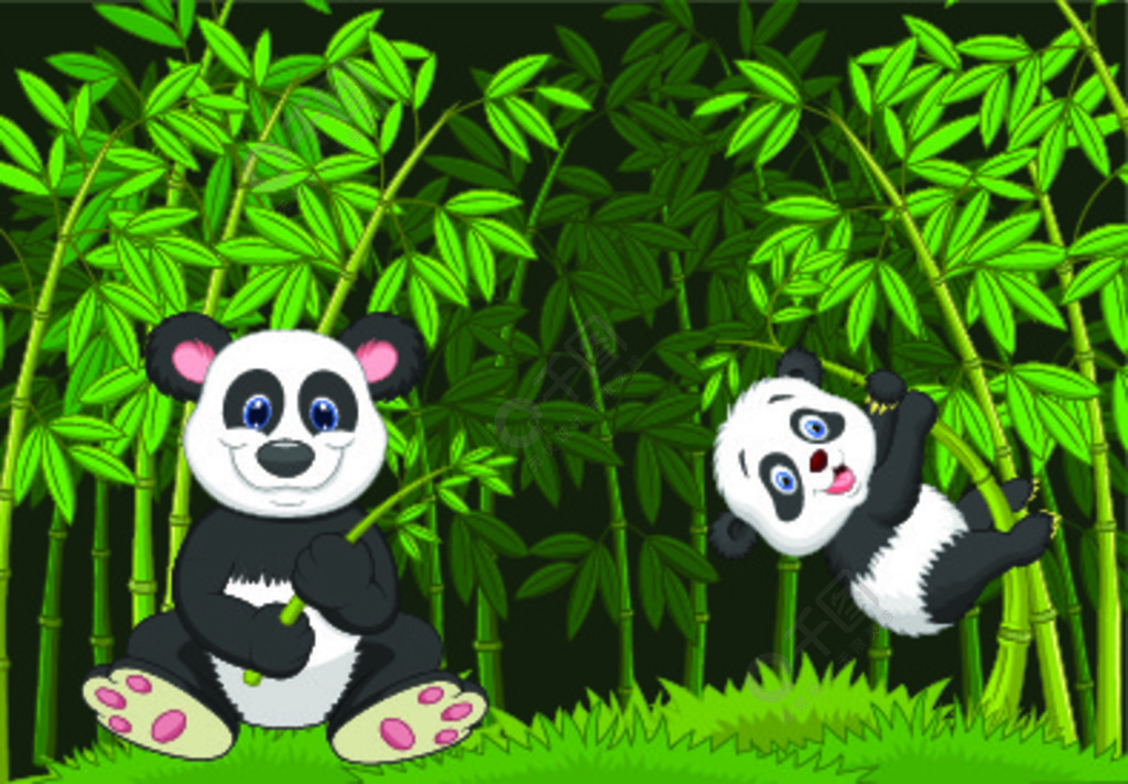 卡通熊猫妈妈和宝宝在爬竹树