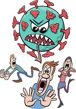危险的冠状病毒和人们惊慌逃跑的卡通插图