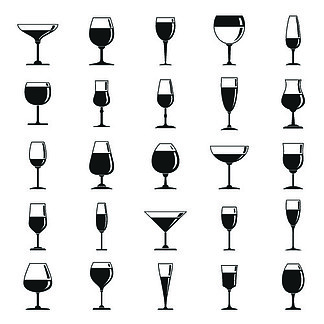 酒杯图标设置。一套简单的酒杯矢量图标，用于白色背景上的网页设计。酒杯图标集