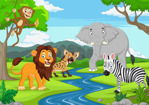 卡通丛林中的野生动物