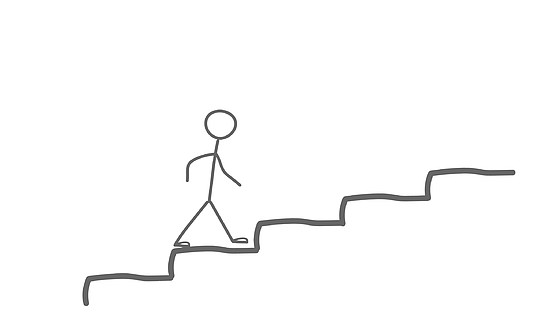 一个手绘的小人在爬楼梯成功,事业或晋升的阶梯通往目标的道路