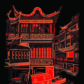 豫园（幸福花园），上海老城，中国地标。手绘矢量素描图孤立在黑色背景上。中国旅游概念。红色中国手绘地标 7
