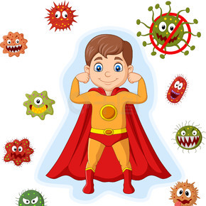 有病毒和细菌的卡通超级英雄男孩