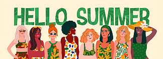 穿着鲜艳泳衣的女性的矢量图解。不同肤<i>色</i>的年轻女孩。夏季概念和其他用途的设计。穿着鲜艳泳装的女性的矢量图解。不同肤<i>色</i>的年轻女孩。