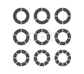 一组饼图，用于 2、3、4、5、6、7、8、9、10 步或部分。用于说明业务计划、信息图表和报告的模板。简单的设计。