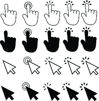 组的指针光标？白色背景上的计算机鼠标图标。手和箭头触摸点击标志。指针光标？计算机鼠标符号。平面样式。
