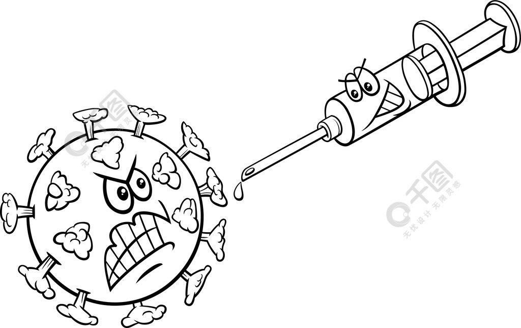 注射器着色书页中冠状病毒和疫苗的黑白卡通插图