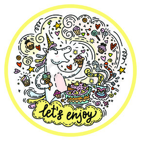 心情愉快的有趣可爱的独角兽喜欢吃蛋糕和糖果。在圆圈组成中涂鸦风格的彩色矢量幽默人物.用于贴纸、设计靠垫、时钟、卡片、设计、印刷、T 恤和装饰。