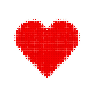 抽象明亮的红色心与白色背景上的正方形图案