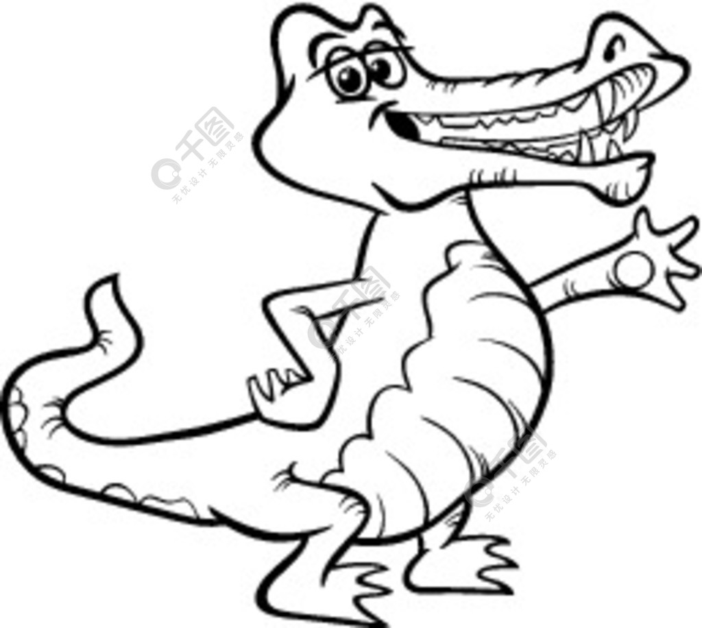 用于着色书的有趣鳄鱼或鳄鱼爬行动物的黑白卡通插图