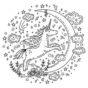 梦想着可爱的独角兽与云一起飞向月球插图。涂鸦风格中的矢量单色孤立字符。用于服装、贴纸、设计靠垫、时钟、卡片、设计、印刷、T 恤和装饰。