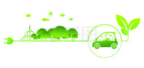 生态概念与生态汽车环境城市景观概念、城市周围绿叶汽车符号以环保理念帮助世界