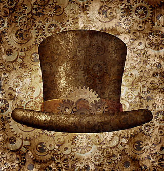 蒸汽朋克礼帽作为科幻概念，由金属铜齿轮和嵌齿轮制成，佩戴历史维多利亚复古头饰作为未来主义虚构机器混合的技术象征。