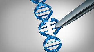 CRISPR 基因编辑概念和基因工程与治疗 <i>DNA</i> 链作为 3D 插图。