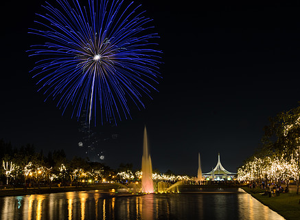 公園裡有燈光噴泉的煙花夜景