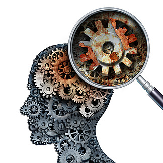 脑衰退和痴呆或老化作为脑癌衰退或阿尔茨海默病的记忆丧失概念，其医学图标是旧的生锈机械齿轮和金属齿轮，形状为人头生锈。