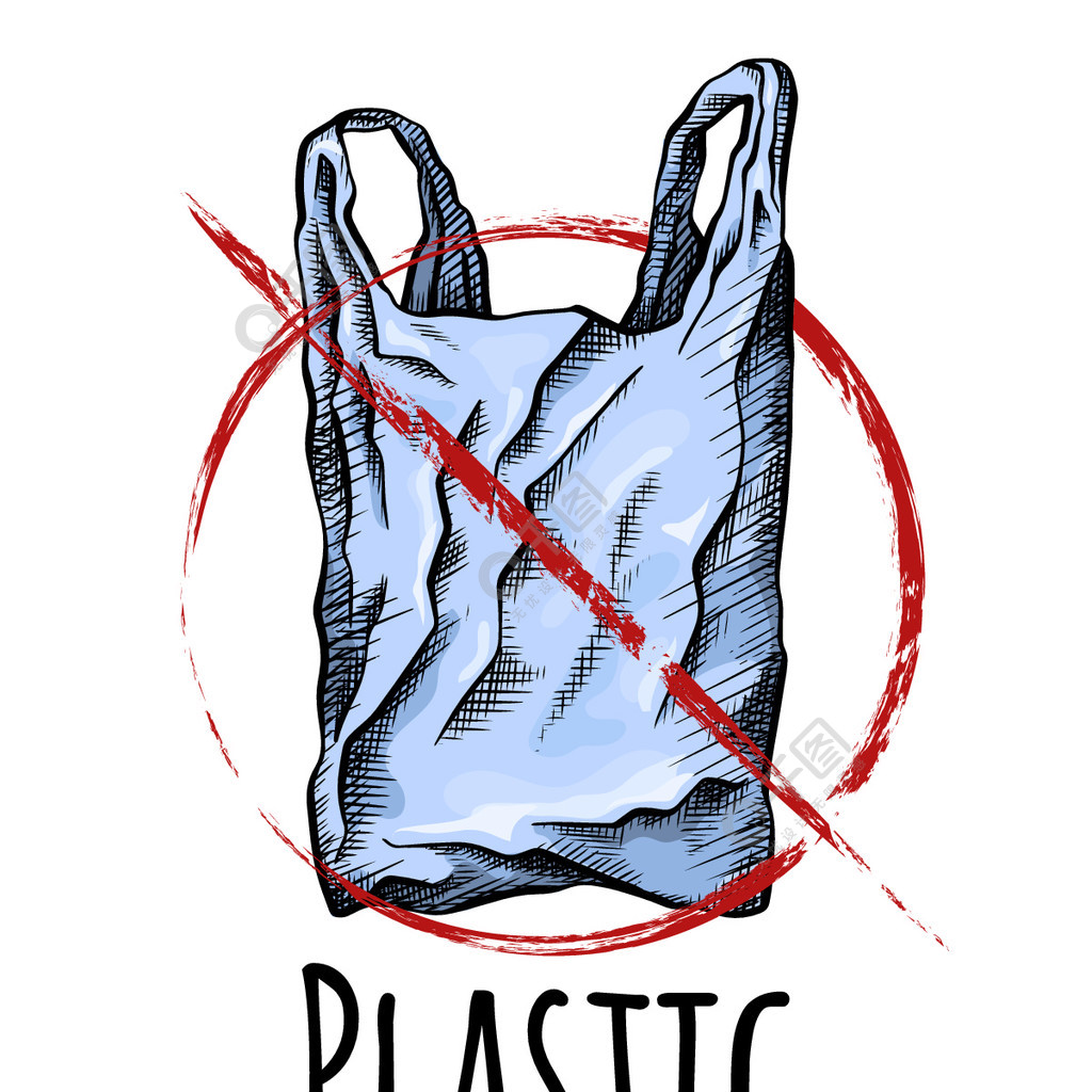 不含塑料带有红色禁止标志的塑料袋的着色线图环境污染矢量垂直卡与