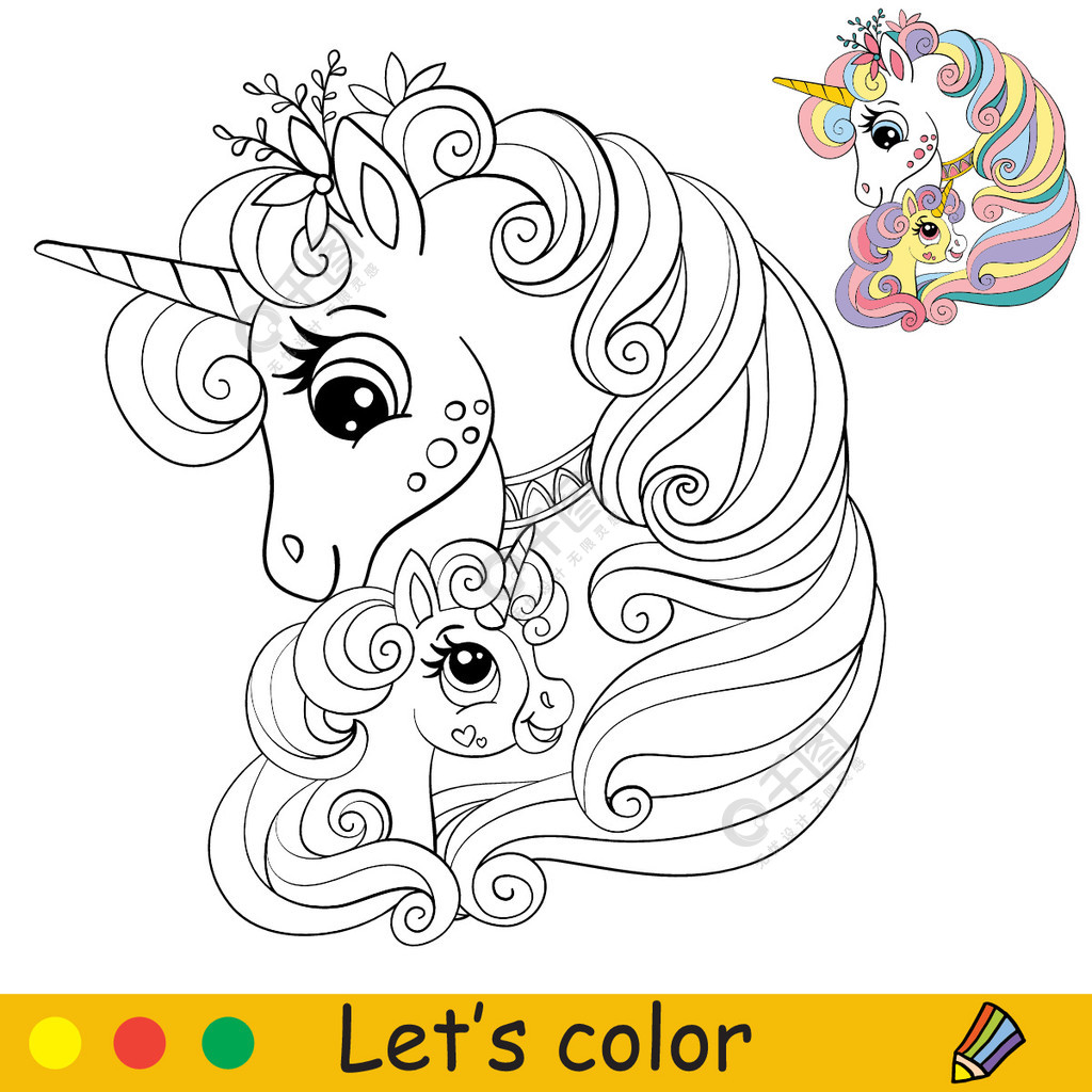 可爱的妈妈和宝宝独角兽用彩色模板为儿童着色书页矢量卡通插画用于