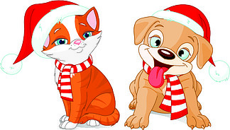 圣诞小狗和小猫的插图