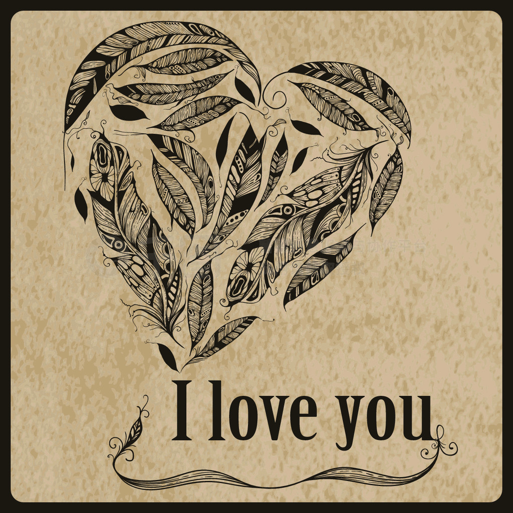 Vector Heart made of Feathers with I love you