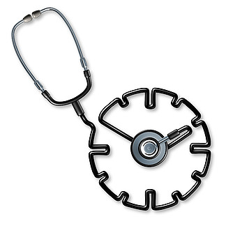 体检预约概念作为医生<i>听</i><i>诊</i>器形状为时钟或手表作为医院预约和患者护理或手术时间表管理的象征作为 3D 插图。