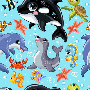 无缝矢量图案与可爱的卡通水动物逆戟鲸、海马、海豹、海豚、乌龟。色彩丰富的插画矢量背景儿童概念。用于印刷、设计、壁纸、装饰、纺织品。无缝矢量图案可爱卡通水生动物