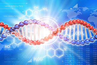 创意抽象 DNA 基<i>因</i>研究科学医疗技术分析概念：DNA 分子结构和研究数据网络空间的 3D 渲染图解