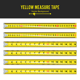 黄色卷尺矢<i>量</i>。以英寸为单位测<i>量</i>工具设备。几种变体，按比例缩放。黄色测<i>量</i>磁带矢<i>量</i>图。以英寸为单位测<i>量</i>工具设备。几种变体，按比例缩放。