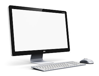 创意抽象办公业务技术通信互联网概念：现代专业台式电脑 <i>PC</i> 工作站，带空白屏幕或空白显示器、键盘和鼠标，白色背景隔离