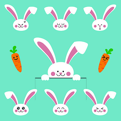 可爱的卡通兔子兔子字符表情符号集,矢量图