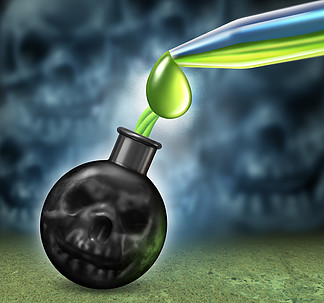 化学武器概念与炸弹作为人类死亡头骨,使用滴眼器填充危险毒药作为