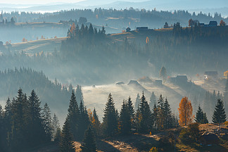 第一缕阳光穿过斜坡上的雾。早晨秋天喀尔巴阡山村庄风景(伊万诺-弗<i>兰</i>科夫斯克州，乌克<i>兰</i>)。