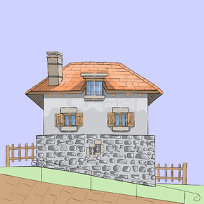 有瓦屋顶和烟囱的传统法国乡间别墅..向量。传统的法国石屋。
