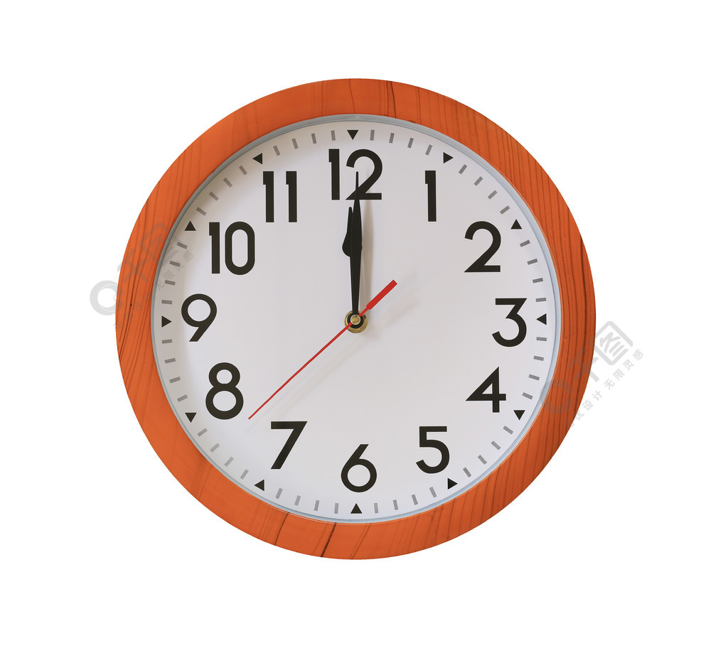 模式棕色木时钟在十二点钟被白色隔离十二点钟的棕色木纹时钟在白色