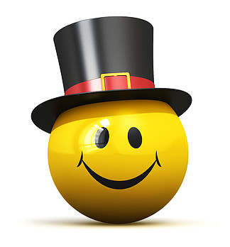 创意抽象的好心情、有趣的情感和积极的感觉表达概念：快乐的黄色笑脸表情球面，戴着黑色帽子，白色背景中突显微笑