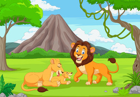 卡通家庭狮子在丛林中