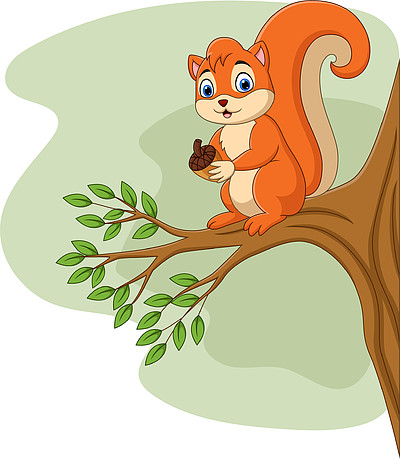 卡通松鼠在树枝上拿着松果006原创矢量树木植物元素006秋天的森林可爱
