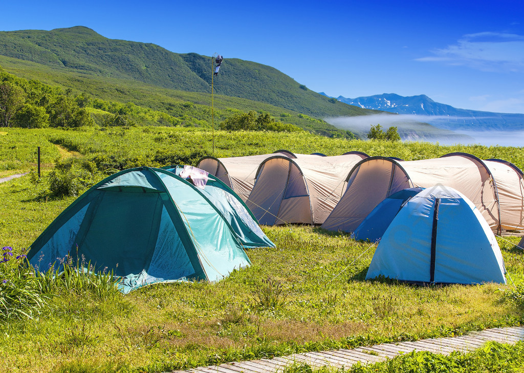 在国家公园的露营地露营帐篷。游客们在山坡上的湖岸边的树林里扎营。